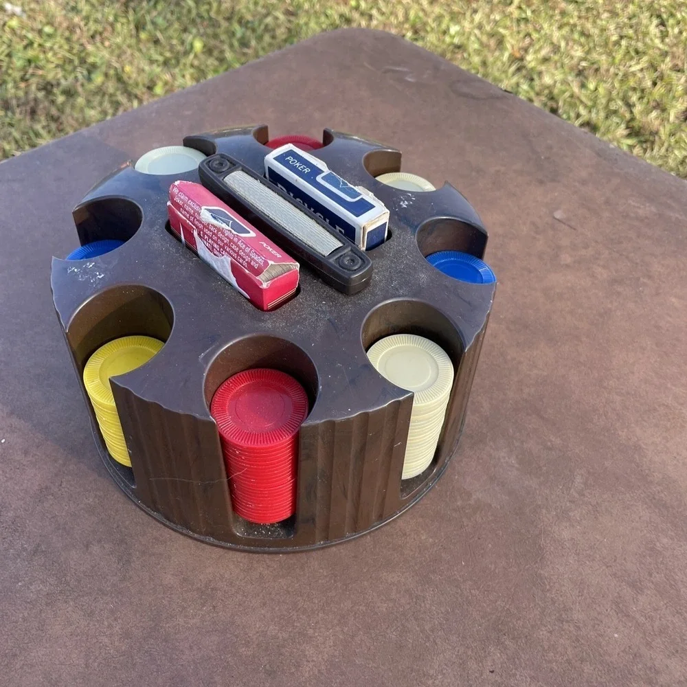 Vintage Circular Poker Chip Rack Cards Chips White Red Blue Brown